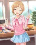  1girl :d ^_^ aiba_yumi artist_request blonde_hair chocolate closed_eyes idolmaster idolmaster_cinderella_girls jewelry mixing_bowl necklace official_art open_mouth skirt smile spatula tagme 