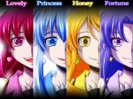  4girls aino_megumi blonde_hair blue_eyes blue_hair bust character_name cure_fortune cure_honey cure_lovely cure_princess dress earrings english eyelashes gradient gradient_background happinesscharge_precure! highres hikawa_iona jewelry long_hair looking_at_viewer magical_girl multiple_girls nishi_koutarou oomori_yuuko open_mouth payot pink_eyes pink_hair ponytail portrait precure puffy_sleeves purple_hair shirayuki_hime shirt smile twintails violet_eyes white_background yellow_eyes 