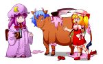  absurdres blonde_hair blue_hair book cow dress flandre_scarlet hair_ribbon hat highres hooves nazotyu2go patchouli_knowledge purple_dress purple_hair red_dress red_eyes red_shoes remilia_scarlet ribbon shadow shoes short_hair side_ponytail simple_background socks sweat sweatdrop tail torn_clothes touhou violet_eyes white_background wings wrist_cuffs 