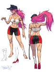  1girl abs absurdres alternate_costume ass barefoot bike_shorts blue_eyes breasts diepod final_fight hat high_heels highres lipstick low_ponytail makeup midriff navel pink_hair poison poison_(final_fight) red_shoes shoes skull_and_crossbones tattoo tubetop 
