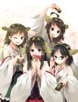  4girls ahoge bare_shoulders black_hair brown_hair chocolate detached_sleeves double_bun glasses hair_ornament hairband haruna_(kantai_collection) hiei_(kantai_collection) japanese_clothes kantai_collection kirishima_(kantai_collection) kongou_(kantai_collection) long_hair mikkii multiple_girls open_mouth personification short_hair smile wink 