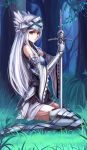  1girl armor blue_eyes helmet highres log_horizon long_hair nian reinesia_el_arte_cowen silver_hair sitting solo sword thighhighs weapon winged_helmet 