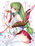  1girl blush c.c. code_geass creayus dated eating food green_hair heart long_hair looking_at_viewer necktie pizza shiny shiny_skin sitting skirt solo thighhighs translation_request valentine white_legwear yellow_eyes 