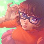  1girl blue_eyes breasts close-up eyelashes freckles glasses ilya_kuvshinov large_breasts lips nose redhead scooby-doo skirt sleeves_rolled_up solo sweater velma_dace_dinkley 