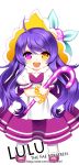  1girl alternate_costume character_name dress english hat heterochromia league_of_legends long_hair looking_at_viewer lulu_(league_of_legends) opalheart pink_eyes purple_hair simple_background solo watermark web_address white_background yellow_eyes 