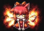  achi_cirno alternate_color alternate_element animal_ears arm_support black_background bow cat_ears cat_tail cirno clenched_teeth dress fiery_wings glowing glowing_eyes hair_bow kemonomimi_mode l_(negaeru) patterned_background redhead short_sleeves sitting solo tail touhou wariza 