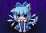  1girl animal_ears arm_support blue_eyes blue_hair bow cat_ears cat_tail cirno dress gradient gradient_background hair_bow ice ice_wings kemonomimi_mode l_(negaeru) looking_at_viewer open_mouth purple_background ribbon short_hair short_sleeves sitting solo tail tears touhou wariza wings 