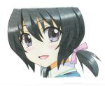  1girl black_hair blush colored_pencil_(medium) d-rag! funabori graphite_(medium) jinjin-roririn looking_at_viewer open_mouth portrait short_twintails smile solo traditional_media twintails violet_eyes 