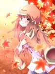  1girl autumn autumn_leaves bakemonogatari blush brown_eyes brown_hair cabbie_hat coat coat_on_shoulders hat highres leaf long_hair monogatari_(series) sengoku_nadeko solo take_(office-t) 