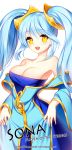 1girl aqua_hair bare_shoulders blush breasts character_name english large_breasts league_of_legends long_hair looking_at_viewer opalheart open_mouth simple_background solo sona_buvelle twintails watermark web_address white_background yellow_eyes 