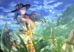  1girl belt blue_hair bow clouds cloudy_sky dress hat hinanawi_tenshi long_hair magic mountain red_eyes rope scenery shide shimenawa sky solo touhou zicai_tang 