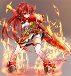  1girl armor armored_dress belt character_name copyright_name elesis elsword fire grey_background karukan_(monjya) long_hair necktie ponytail red_eyes redhead serious shoes shorts shorts_under_skirt skirt solo sword thighhighs weapon white_legwear 