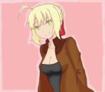  1girl ahoge blonde_hair braid cant_draw cleavage_cutout fate/extra fate_(series) french_braid green_eyes hair_ribbon highres open_clothes ribbon saber_extra smile solo 