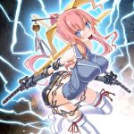  1girl armlet blue_eyes boots copyright_request gauntlets hair_ornament long_hair open_mouth ponytail sakuya_tsuitachi short_shorts shorts solo sword thighhighs weapon 