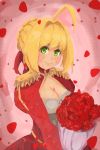  1girl ahoge blonde_hair bouquet braid breasts cant_draw cleavage cleavage_cutout dress epaulettes fate/extra fate_(series) flower french_braid highres petals red_dress rose rose_petals saber_extra short_hair smile solo 