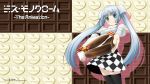  1girl background black_legwear blue_eyes blush box checkered checkered_skirt chocolate chocolate_bar copyright_name food gift gift_box hair_ornament highres holding_gift incoming_gift light_smile long_hair miss_monochrome miss_monochrome_(character) official_art ruu-chan silver_hair skirt thighhighs twintails valentine wallpaper white_chocolate 