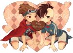  2014 2boys brown_hair cape fudou_akio goggles goggles_on_head heart inazuma_eleven inazuma_eleven_(series) inazuma_japan kidou_yuuto male mouth_hold multiple_boys saku_anna simple_background soccer_uniform valentine white_background 