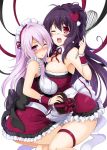  2girls apron bare_shoulders blush breasts cleavage detached_collar glasses heart kikyou-0423 large_breasts lavender_hair long_hair looking_at_viewer maid maid_headdress multiple_girls open_mouth original purple_hair red_eyes smile thigh_strap valentine violet_eyes waist_apron whisk wink wrist_cuffs 