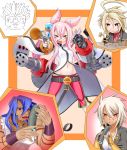  2boys 3girls ahoge animal_ears arakune azrael_(blazblue) blazblue blonde_hair bullet_(blazblue) cat_ears cat_tail gatling_gun gauntlets gun iron_tager kokonoe kuroshiro_(ms-2420) lambda-11 multiple_boys multiple_girls pink_hair red_eyes scar sushi tail weapon yellow_eyes 