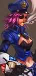  1girl alternate_costume breasts cleavage cleavage_cutout darkeagle_an gauntlets grey_background hat large_breasts league_of_legends long_hair midriff navel pink_hair police police_hat police_uniform policewoman signature simple_background smoke smoking solo sunglasses uniform vi_(league_of_legends) 