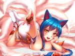  1girl ahri alonsword animal_ears arm_support blue_hair braid breast_press breasts chocolate chocolate_heart detached_sleeves facial_mark fingernails fox_ears fox_tail hand_on_own_face heart korean_clothes large_breasts league_of_legends long_hair multiple_tails open_mouth smile solo tail valentine whisker_markings yellow_eyes 