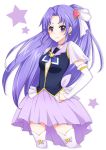 1girl blush cure_fortune earrings hair_ornament hands_on_hips happinesscharge_precure! heart hikawa_iona hina_shin_amu jewelry long_hair magical_girl ponytail purple_hair smile solo star thighhighs violet_eyes white_legwear 