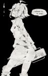  1girl ahoge arms_behind_back artist_request chainsaw clenched_teeth english hair_over_one_eye long_sleeves looking_back monochrome short_hair skirt solo urotsuki yume_2kki 
