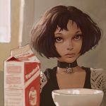  1girl black_hair bowl brown_eyes choker ilya_kuvshinov leon_the_professional lips mathilda_lando milk_carton nose short_hair solo 