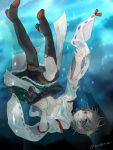  1girl bare_shoulders black_legwear blue_eyes boots brown_hair damaged detached_sleeves dying hairband headgear hiei_(kantai_collection) japanese_clothes kantai_collection long_hair nagasioo nontraditional_miko open_mouth pantyhose personification plaid short_hair skirt smile tears torn_clothes torn_pantyhose underwater water 