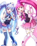  2girls aino_megumi blue_eyes blue_hair blue_legwear boots crown cure_lovely cure_princess happinesscharge_precure! heart long_hair looking_at_viewer mofun multiple_girls open_mouth pink_eyes pink_hair ponytail precure shirayuki_hime skirt thigh_boots thighhighs twintails white_background 