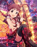  1girl artist_request black_legwear brown_hair fireworks heart idolmaster idolmaster_million_live! long_hair matsuda_arisa microphone night official_art open_mouth red_eyes singing skirt smile solo thighhighs twintails v 