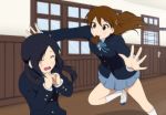  2girls black_hair brown_eyes brown_hair chocolate closed_eyes extra heart k-on! long_hair mouth_hold multiple_girls qwer satou_akane school_uniform side_ponytail taki_eri twintails 