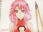  1girl bare_shoulders brush brush_(medium) center_opening guilty_crown hair_ornament hairclip long_hair looking_at_viewer open_mouth pink_hair red_eyes solo traditional_media twintails yuzuriha_inori 
