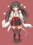  1girl bare_shoulders black_hair blush brown_eyes detached_sleeves gift hairband haruna_(kantai_collection) heart highres japanese_clothes kantai_collection kurokage long_hair personification pov solo thighhighs 