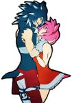  1boy 1girl amy_rose black_hair dress eye_contact green_eyes grey_background hairband highres licking_lips looking_at_another muscle personification pink_hair puroburebu-dan sleeveless sonic sonic_the_hedgehog spiky_hair werehog 