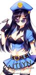  1girl belt between_breasts black_hair breasts caitlyn_(league_of_legends) character_name cleavage cuffs english handcuffs hat league_of_legends long_hair midriff navel necktie opalheart pink_eyes police police_hat police_uniform simple_background skirt solo sunglasses uniform watermark web_address white_background 