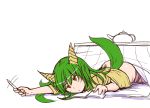  1girl badhand green_hair horns long_hair lying simple_background solo tail white_background 