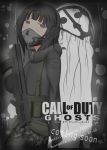  1girl assault_rifle belt black_eyes black_hair bob_cut call_of_duty call_of_duty:_ghosts camouflage english fad ghost glasses gloves gun headset jacket looking_at_viewer mask parody rifle skull skull_mask trigger_discipline union_jack vest weapon 