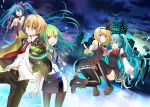  1boy 4girls black_legwear blonde_hair blue_eyes blue_hair bow dual_persona gloves green_hair gumi hair_bow hatsune_miku kagamine_len kagamine_rin long_hair looking_at_viewer microphone pantyhose short_hair skirt smile thighhighs vocaloid wogura 