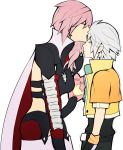  1boy 1girl asymmetrical_hair cape final_fantasy final_fantasy_xiii forehead_kiss highres hope_estheim kiss lightning_farron pink_hair puroburebu-dan valentine 