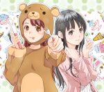  2girls :p animal_costume bear_costume black_hair blush candy fork highres kinoebi knife lips lollipop long_hair multiple_girls original outline redhead smile tagme tongue tongue_out 