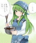  1girl alternate_costume apron blush bowl breasts brooch casual chocolate commentary_request cooking frog_hair_ornament green_eyes green_hair hair_ornament hammer_(sunset_beach) head_scarf jewelry kochiya_sanae long_hair long_sleeves open_mouth pants skirt snake solo sweatdrop text touhou translation_request valentine waist_apron whisk 