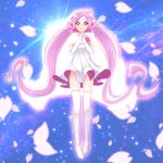  1girl blue_background blue_eyes brooch cape elbow_gloves gloves hands_clasped heartcatch_precure! heterochromia jewelry long_hair magical_girl mugen_silhouette peaceyj petals pink_hair precure red_eyes skirt smile solo thighhighs twintails white_gloves white_legwear white_skirt 