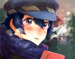  1girl androgynous blue_eyes blue_hair blush breath cabbie_hat domodesu gift gloves hat persona persona_4 scarf shirogane_naoto short_hair solo surprised valentine 