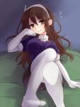  1girl ashigara_(kantai_collection) blush breasts brown_eyes brown_hair couch elbow_gloves gloves hair_ornament hairband heart kantai_collection long_hair nagasioo pantyhose personification sitting skirt solo white_gloves white_legwear 