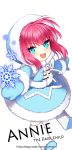  1girl annie_hastur character_name english gloves green_eyes hood league_of_legends looking_at_viewer opalheart open_mouth redhead ribbon short_hair simple_background snowflakes solo watermark web_address white_background 