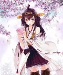  1girl ahoge bare_shoulders blush bread_sakana breasts brown_hair cherry_blossoms detached_sleeves double_bun hair_ornament hairband headgear highres japanese_clothes kantai_collection kongou_(kantai_collection) long_hair open_mouth personification skirt smile solo thighhighs tree valentine 