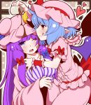  2girls :q blush bow breasts chocolate dress eichi_yuu hair_bow hat heart large_breasts long_hair long_sleeves multiple_girls open_mouth patchouli_knowledge pointy_ears purple_hair red_eyes remilia_scarlet short_hair short_sleeves smile tongue touhou violet_eyes wings wink wrist_cuffs 