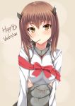  1girl absurdres bow brown_eyes brown_hair flat_chest headband headgear highres kantai_collection looking_at_viewer nekur personification pocky ribbon short_hair solo taihou_(kantai_collection) valentine 