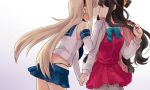  2girls black_hair blonde_hair blush dress_shirt elbow_gloves food gloves grey_legwear head_out_of_frame kantai_collection kiss long_hair long_sleeves multiple_girls naganami_(kantai_collection) nagasioo navel pantyhose personification pink_hair ribbon shimakaze_(kantai_collection) shirt skirt skirt_set smile vest yuri 